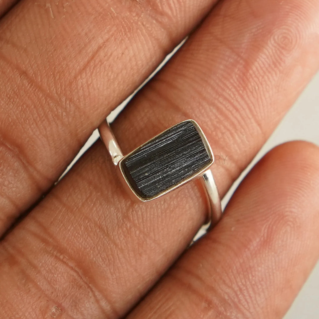 Raw Black Tourmaline Ring: Sterling Silver Bezel Set, Handmade Boho Jewelry