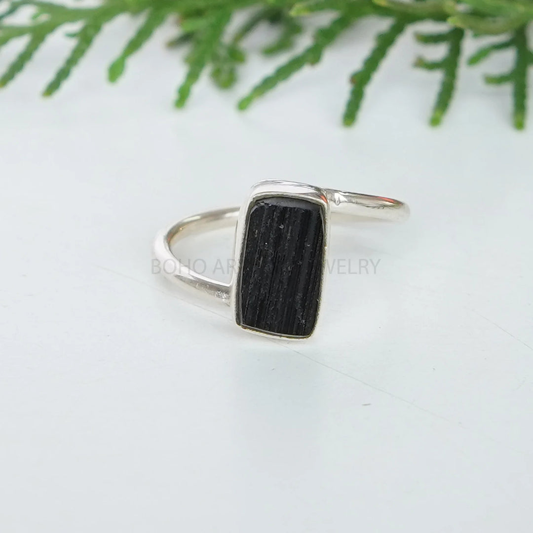 Raw Black Tourmaline Ring: Sterling Silver Bezel Set, Handmade Boho Jewelry