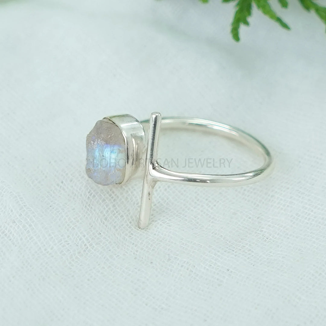 Raw Moonstone Bar Ring: Sterling Silver Handmade Jewelry