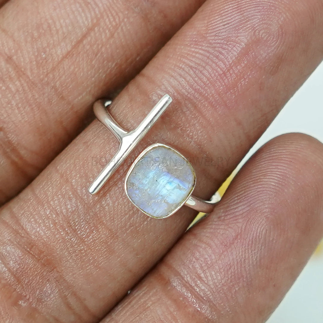 Raw Moonstone Bar Ring: Sterling Silver Handmade Jewelry
