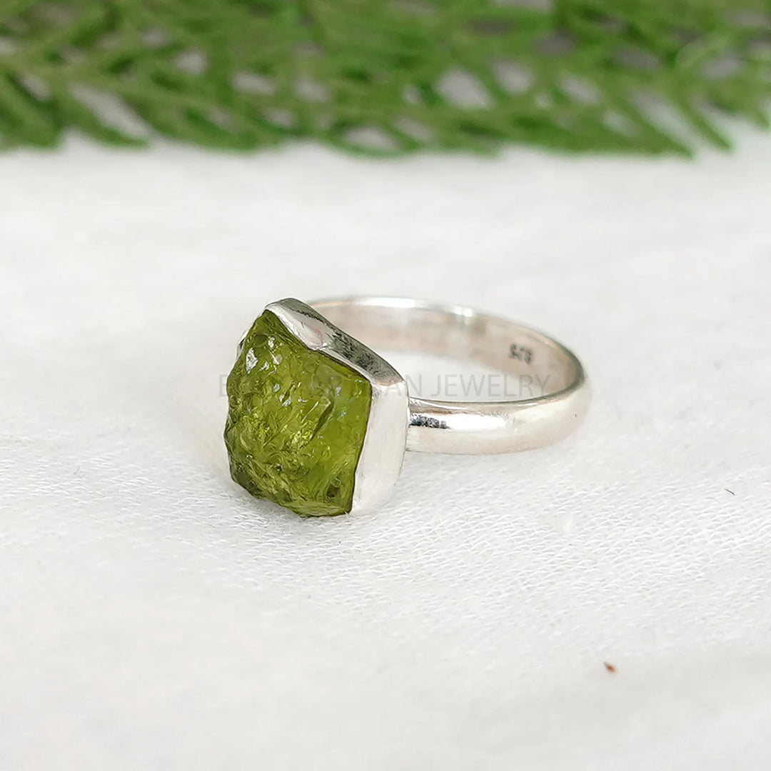 Raw Peridot Sterling Silver Ring: Boho Stacking Band