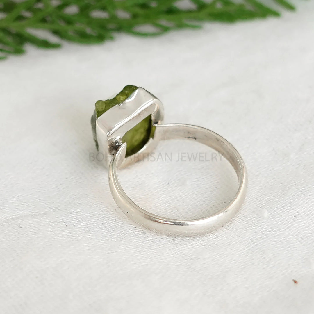Raw Peridot Sterling Silver Ring: Boho Stacking Band