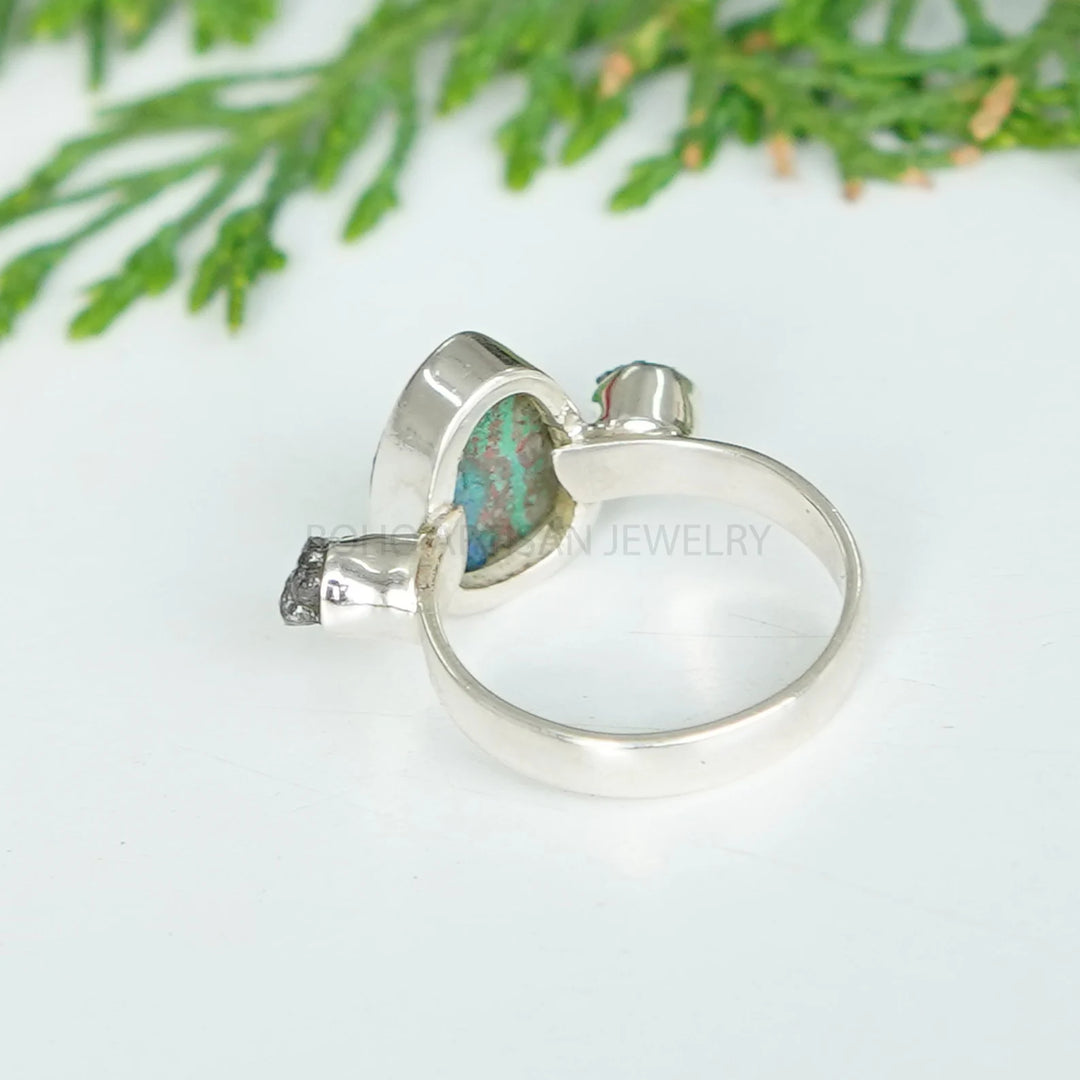 Raw Azurite Malachite Sterling Silver Ring: Three Stone Boho Jewelry