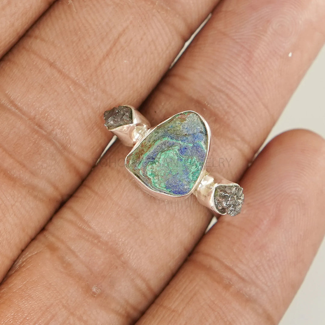 Raw Azurite Malachite Sterling Silver Ring: Three Stone Boho Jewelry