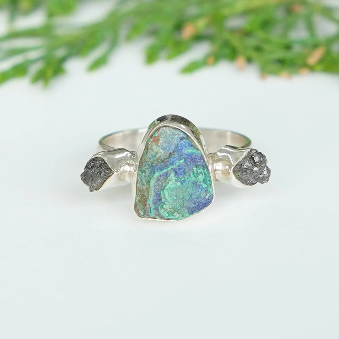 Raw Azurite Malachite Sterling Silver Ring: Three Stone Boho Jewelry