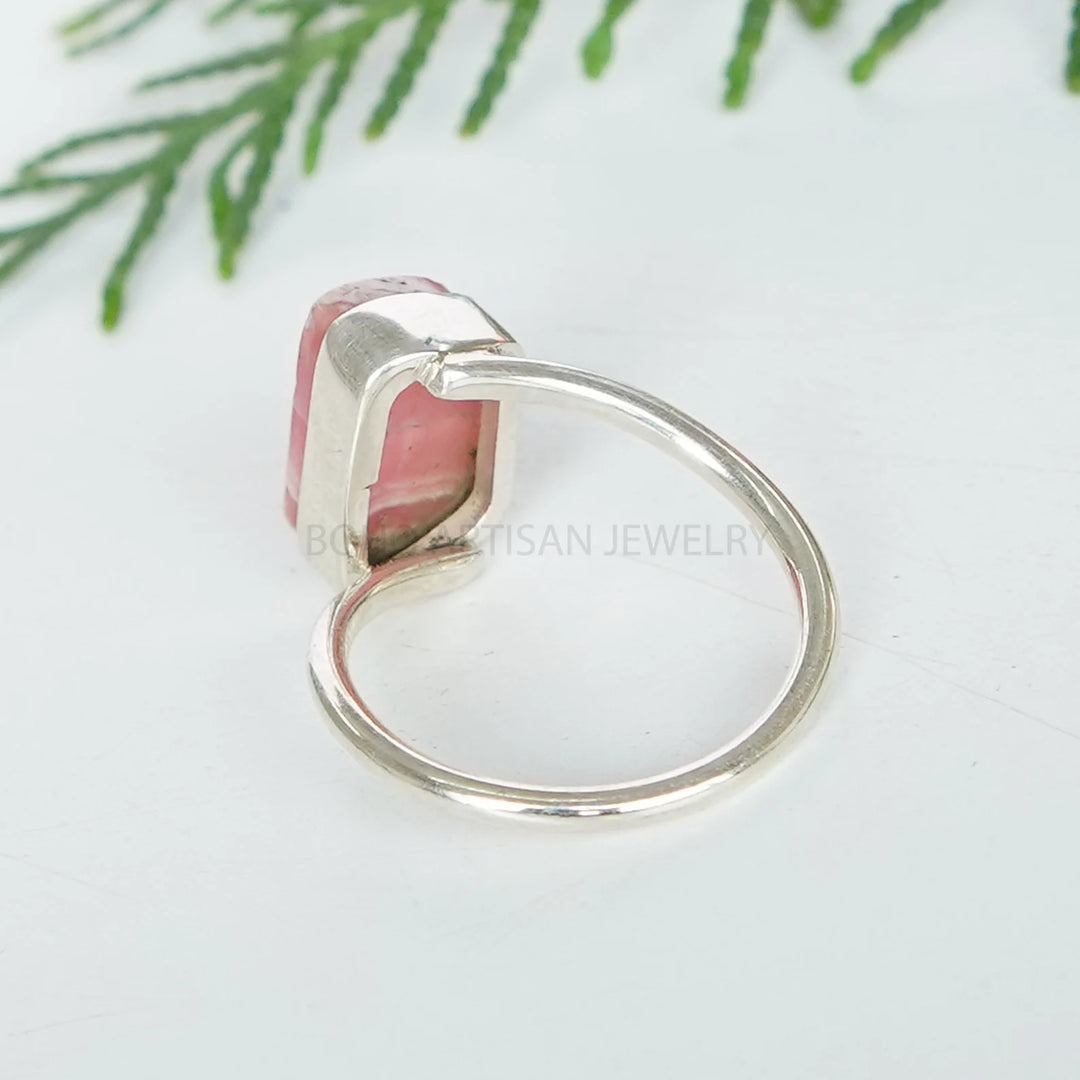 Rhodochrosite Ring: 925 Sterling Silver Twisted Band, Boho Artisan Jewelry