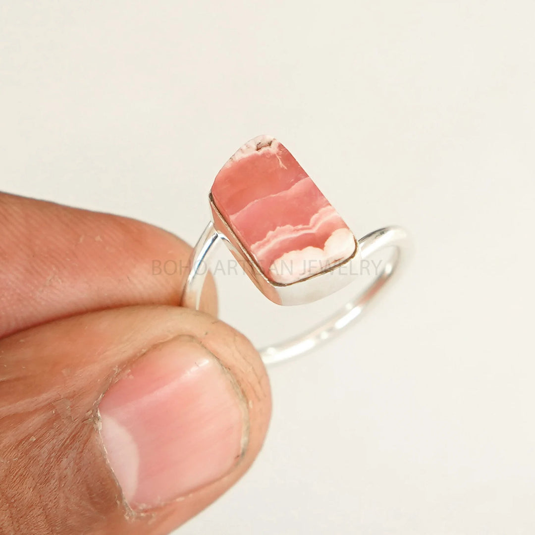 Rhodochrosite Ring: 925 Sterling Silver Twisted Band, Boho Artisan Jewelry
