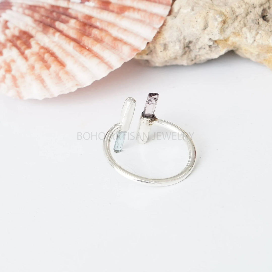 Raw Aquamarine Pink Tourmaline Ring: 925 Sterling Silver Adjustable Bar Ring