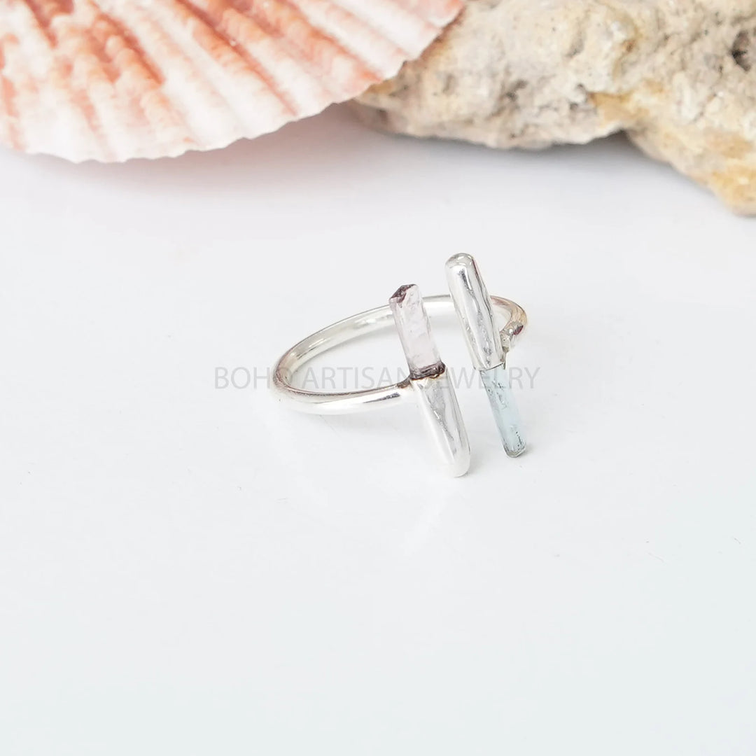 Raw Aquamarine Pink Tourmaline Ring: 925 Sterling Silver Adjustable Bar Ring