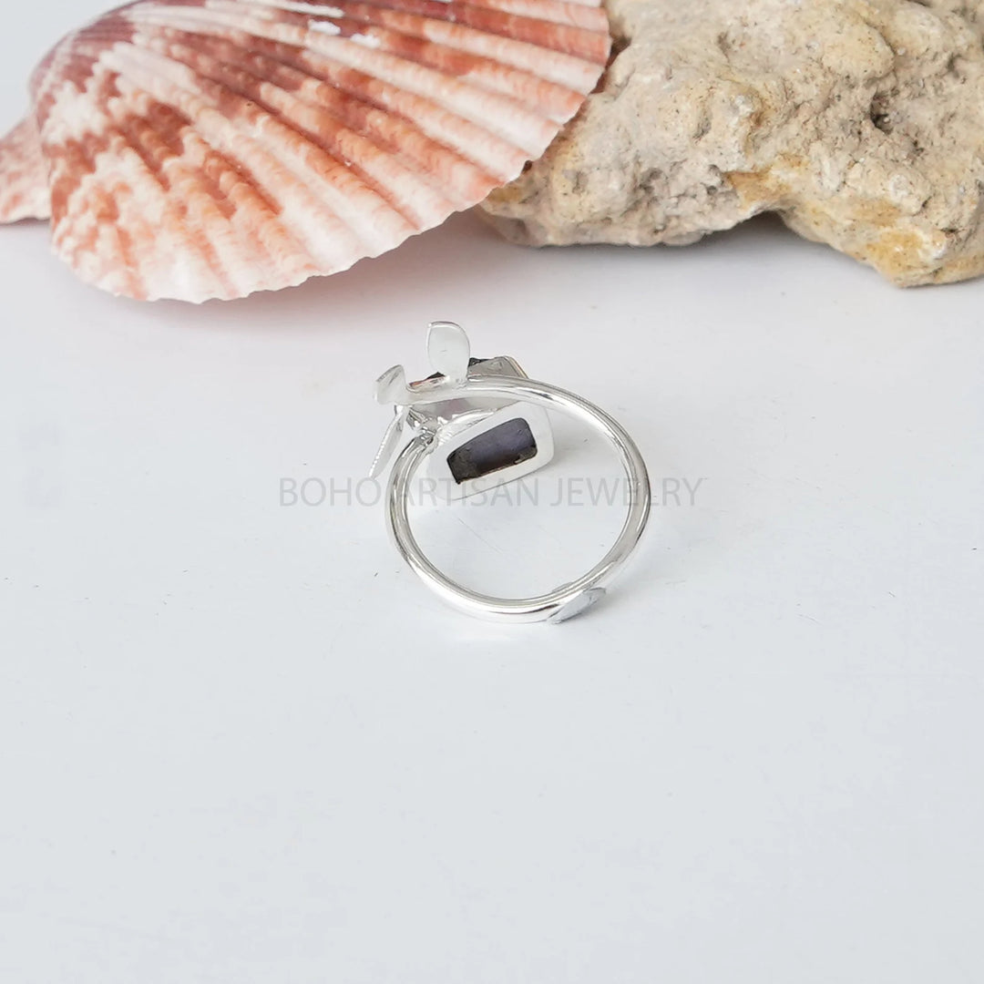 Raw Labradorite Floral Ring: Sterling Silver Adjustable Band, Boho Artisan