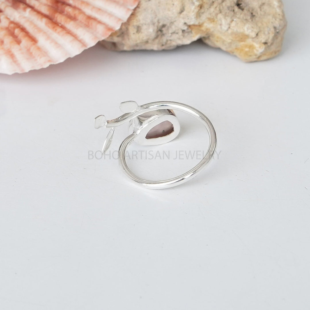 Raw Rose Quartz Ring: Sterling Silver Floral Band, Boho Artisan Jewelry