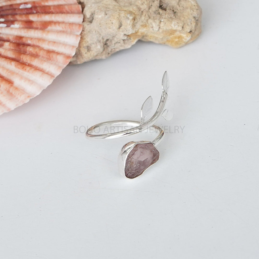 Raw Rose Quartz Ring: Sterling Silver Floral Band, Boho Artisan Jewelry