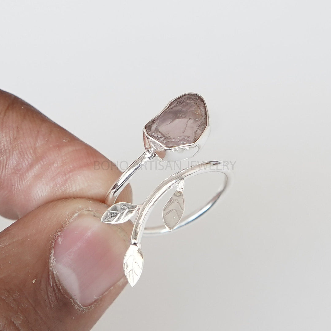Raw Rose Quartz Ring: Sterling Silver Floral Band, Boho Artisan Jewelry