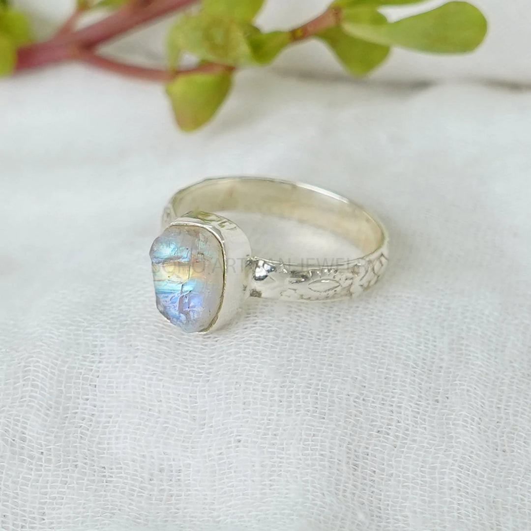 Raw Moonstone Ring: Floral Sterling Silver Band, Handmade Gemstone Jewelry