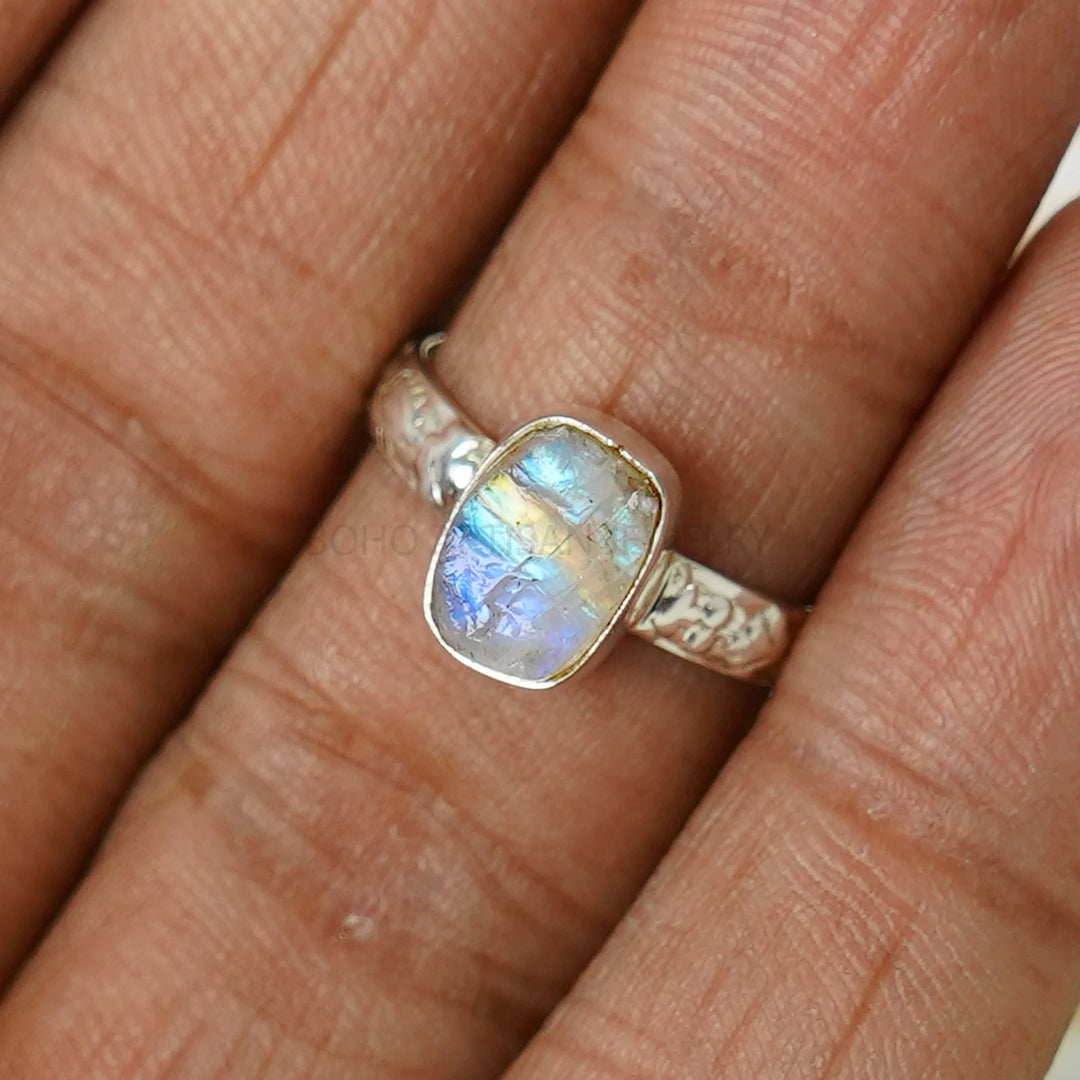 Raw Moonstone Ring: Floral Sterling Silver Band, Handmade Gemstone Jewelry