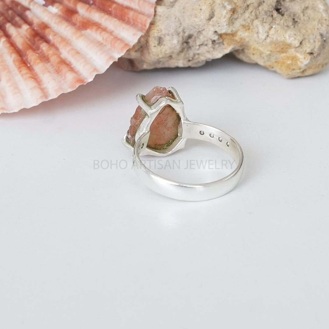 Raw Sunstone CZ Ring, Natural Fire Sunstone, 925 Sterling Silver Ring, Raw Stone Ring, Birthstone Ring, Raw Crystal Ring, Gift for women