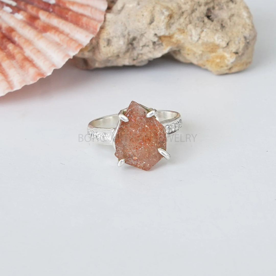 Raw Sunstone CZ Ring, Natural Fire Sunstone, 925 Sterling Silver Ring, Raw Stone Ring, Birthstone Ring, Raw Crystal Ring, Gift for women