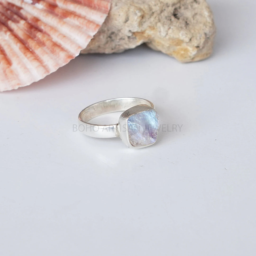 Raw Rainbow Moonstone Ring: Sterling Silver Boho Jewelry