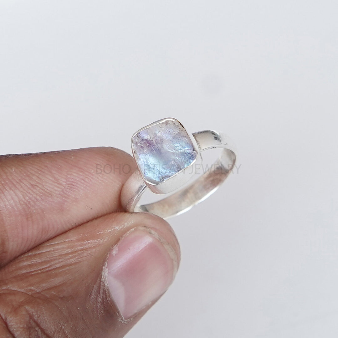 Raw Rainbow Moonstone Ring: Sterling Silver Boho Jewelry