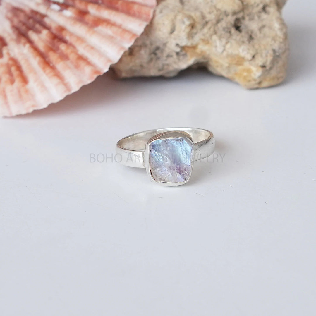 Raw Rainbow Moonstone Ring: Sterling Silver Boho Jewelry