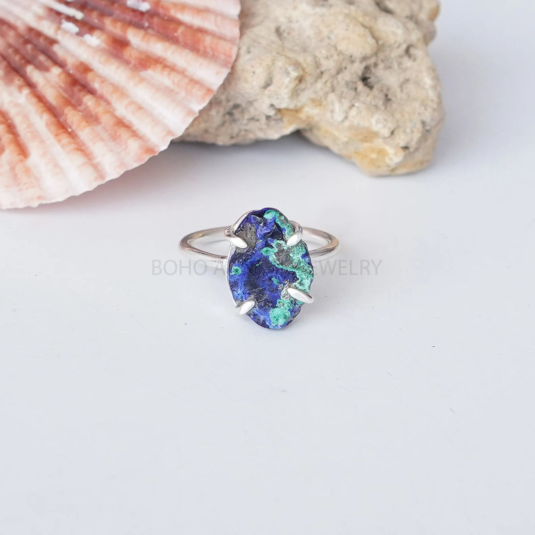 Raw Azurite Malachite Ring: Sterling Silver Boho Ring