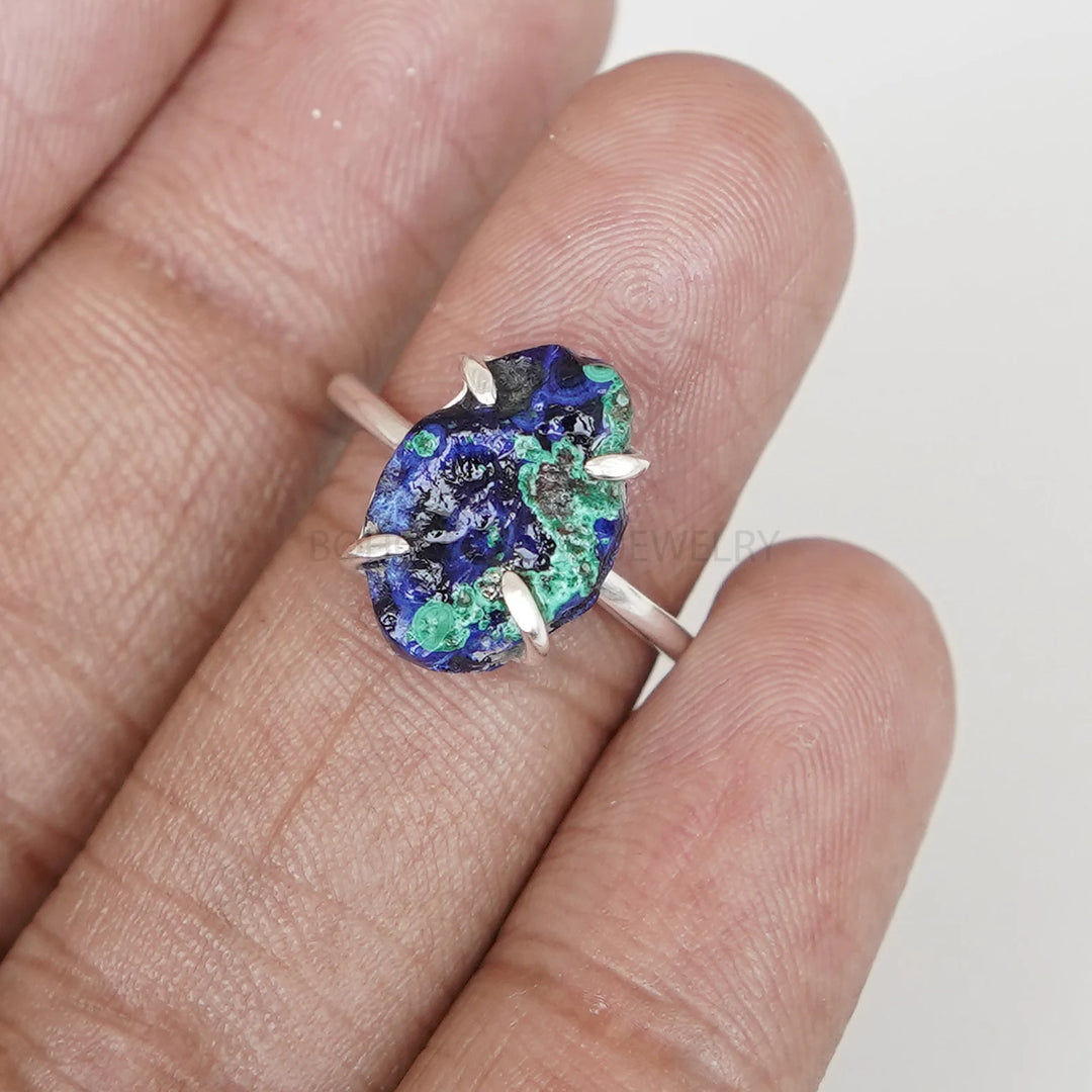 Raw Azurite Malachite Ring: Sterling Silver Boho Ring