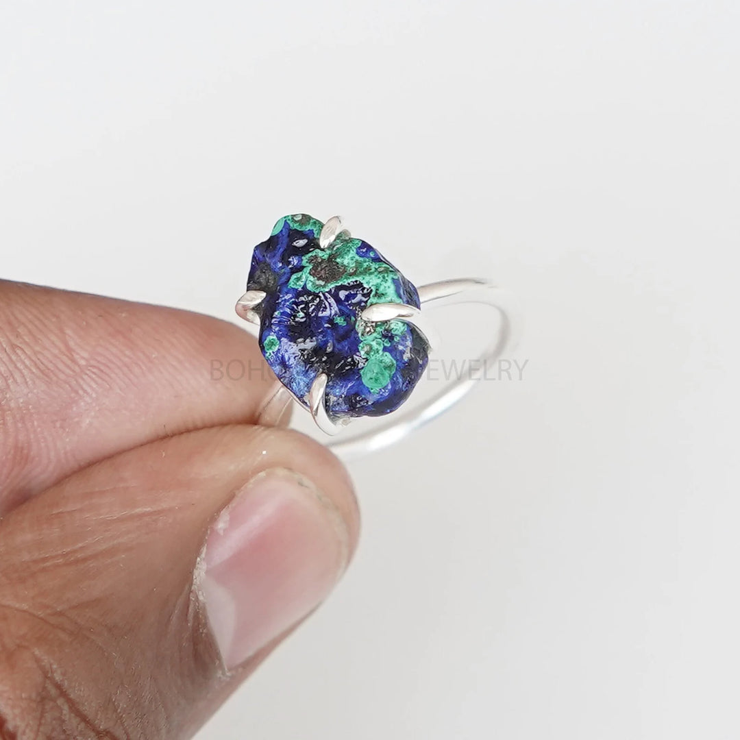 Raw Azurite Malachite Ring: Sterling Silver Boho Ring
