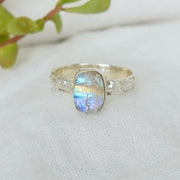 Raw Moonstone Ring: Floral Sterling Silver Band, Handmade Gemstone Jewelry
