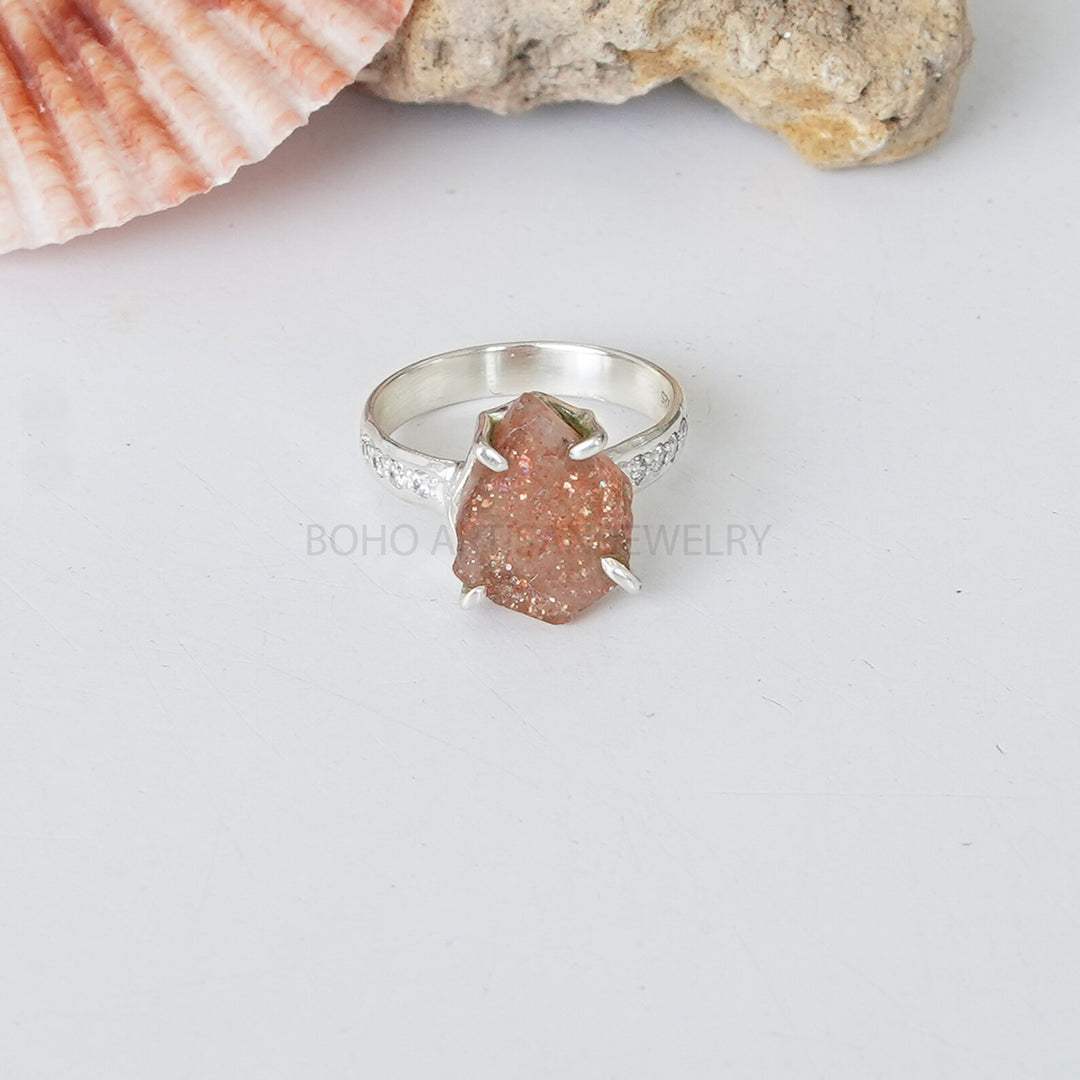 Raw Sunstone CZ Ring, Natural Fire Sunstone, 925 Sterling Silver Ring, Raw Stone Ring, Birthstone Ring, Raw Crystal Ring, Gift for women