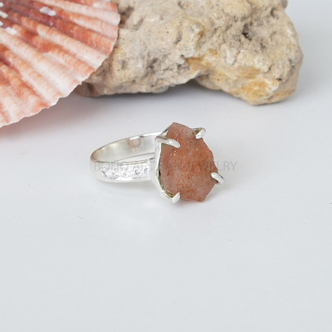 Raw Sunstone CZ Ring, Natural Fire Sunstone, 925 Sterling Silver Ring, Raw Stone Ring, Birthstone Ring, Raw Crystal Ring, Gift for women