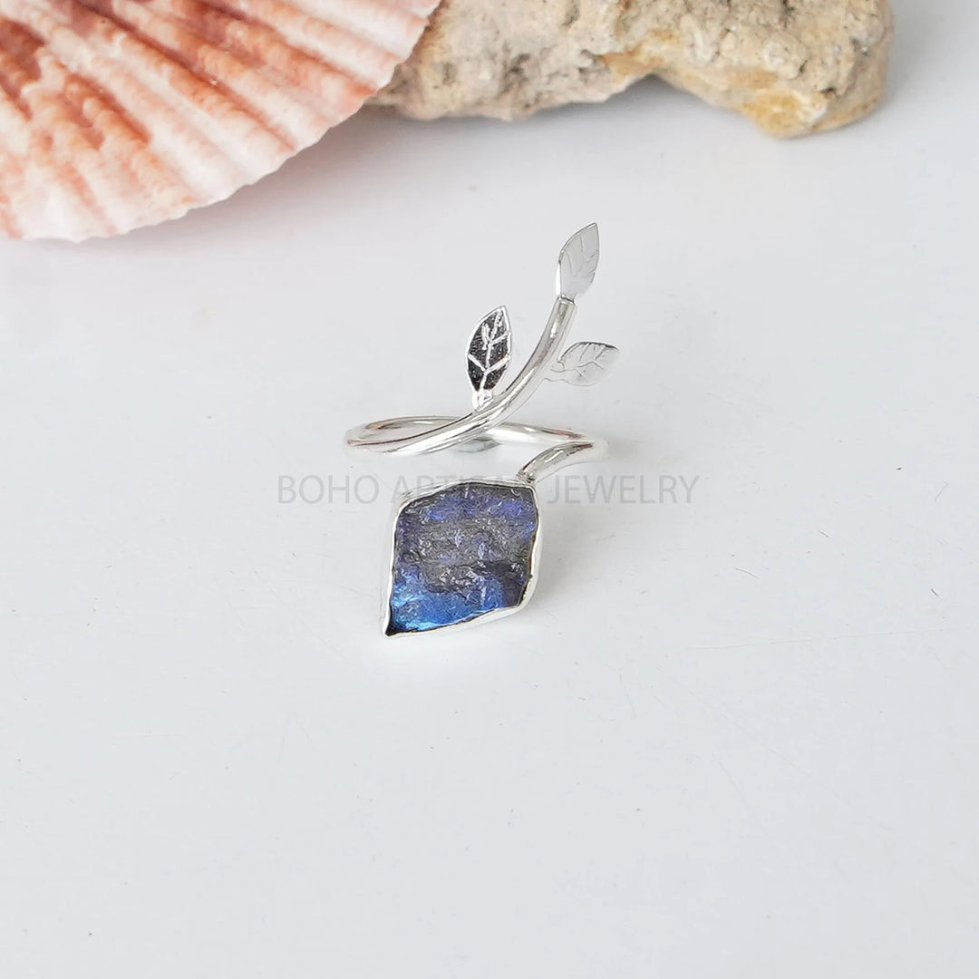 Raw Labradorite Floral Ring: Sterling Silver Adjustable Band, Boho Artisan
