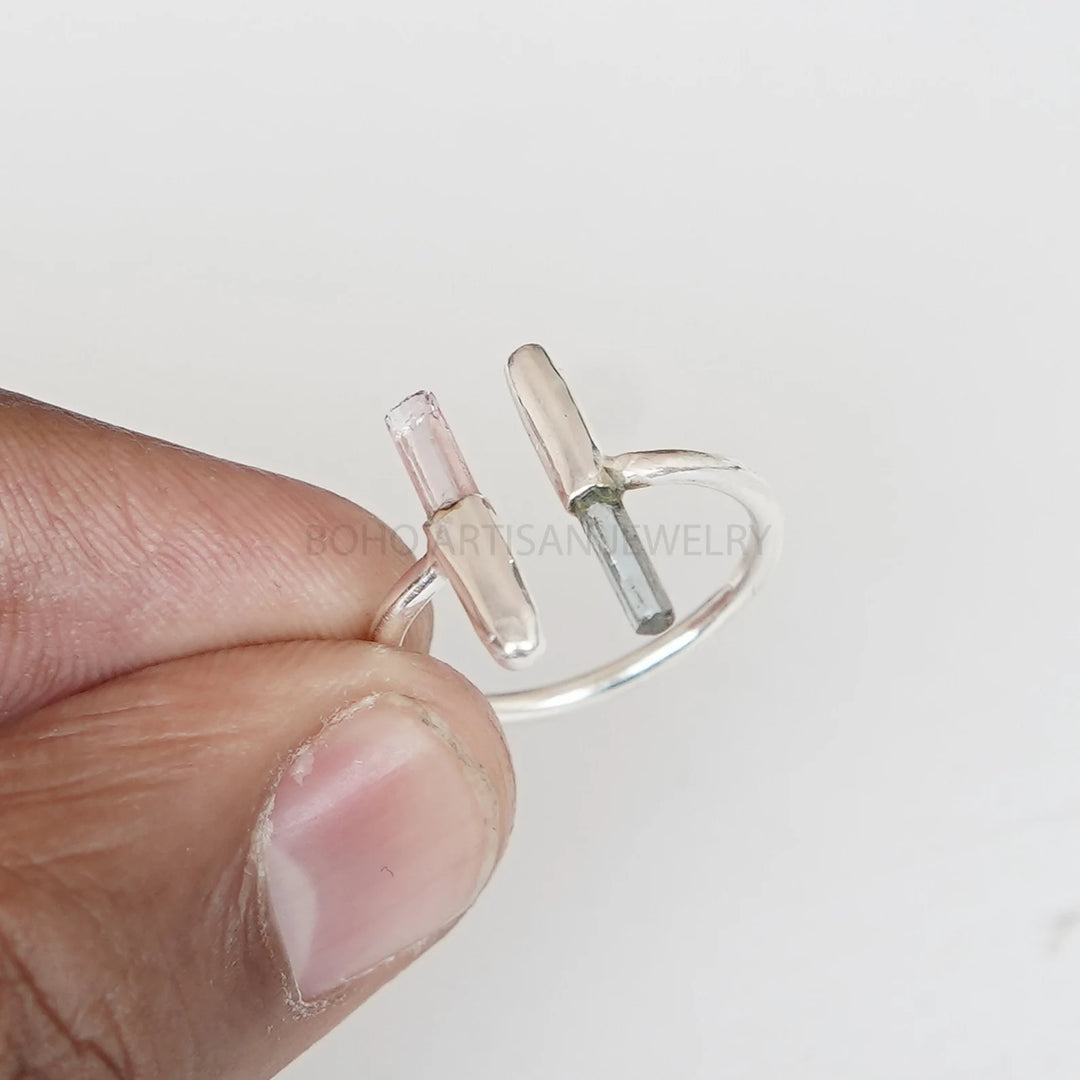 Raw Aquamarine Pink Tourmaline Ring: 925 Sterling Silver Adjustable Bar Ring