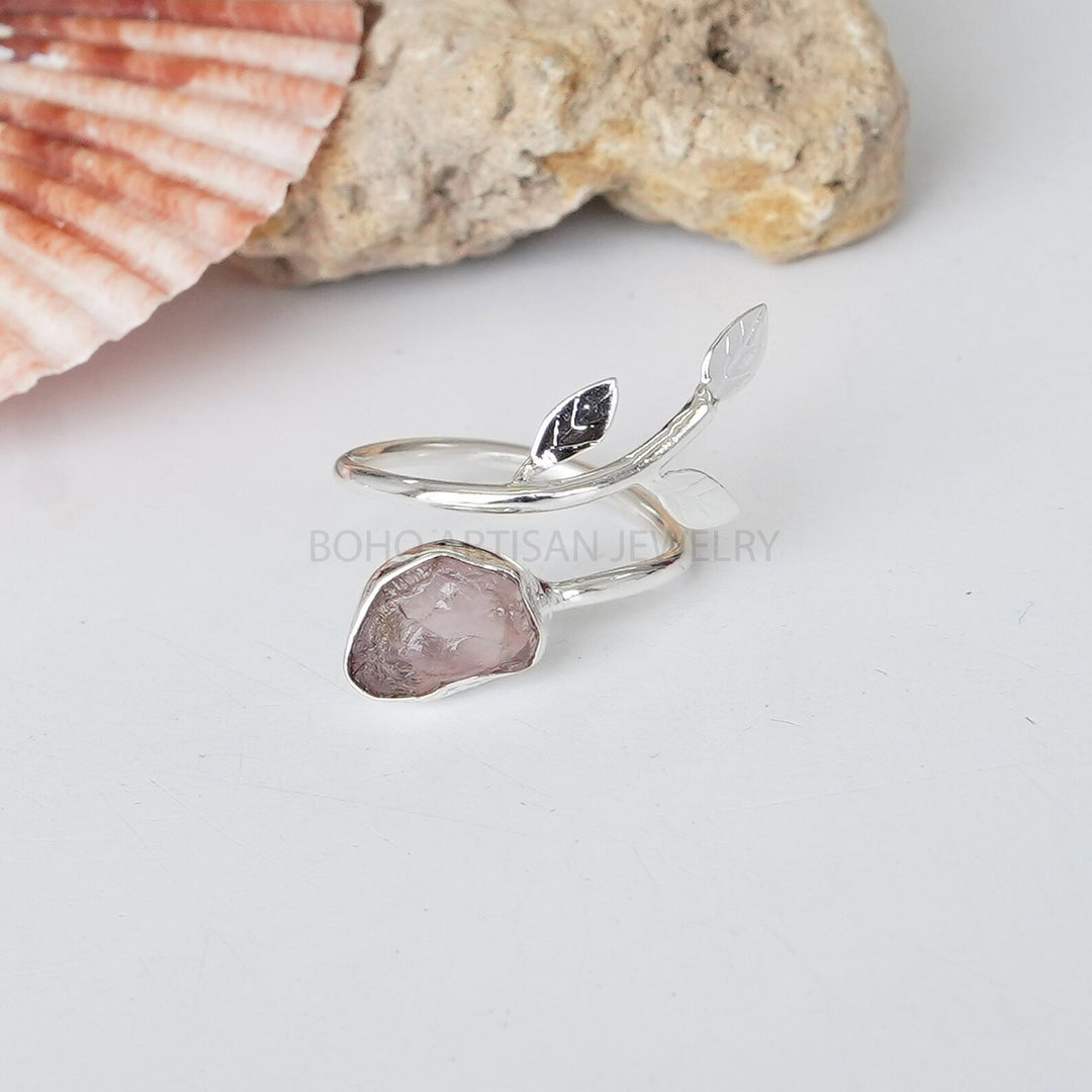 Raw Rose Quartz Ring: Sterling Silver Floral Band, Boho Artisan Jewelry
