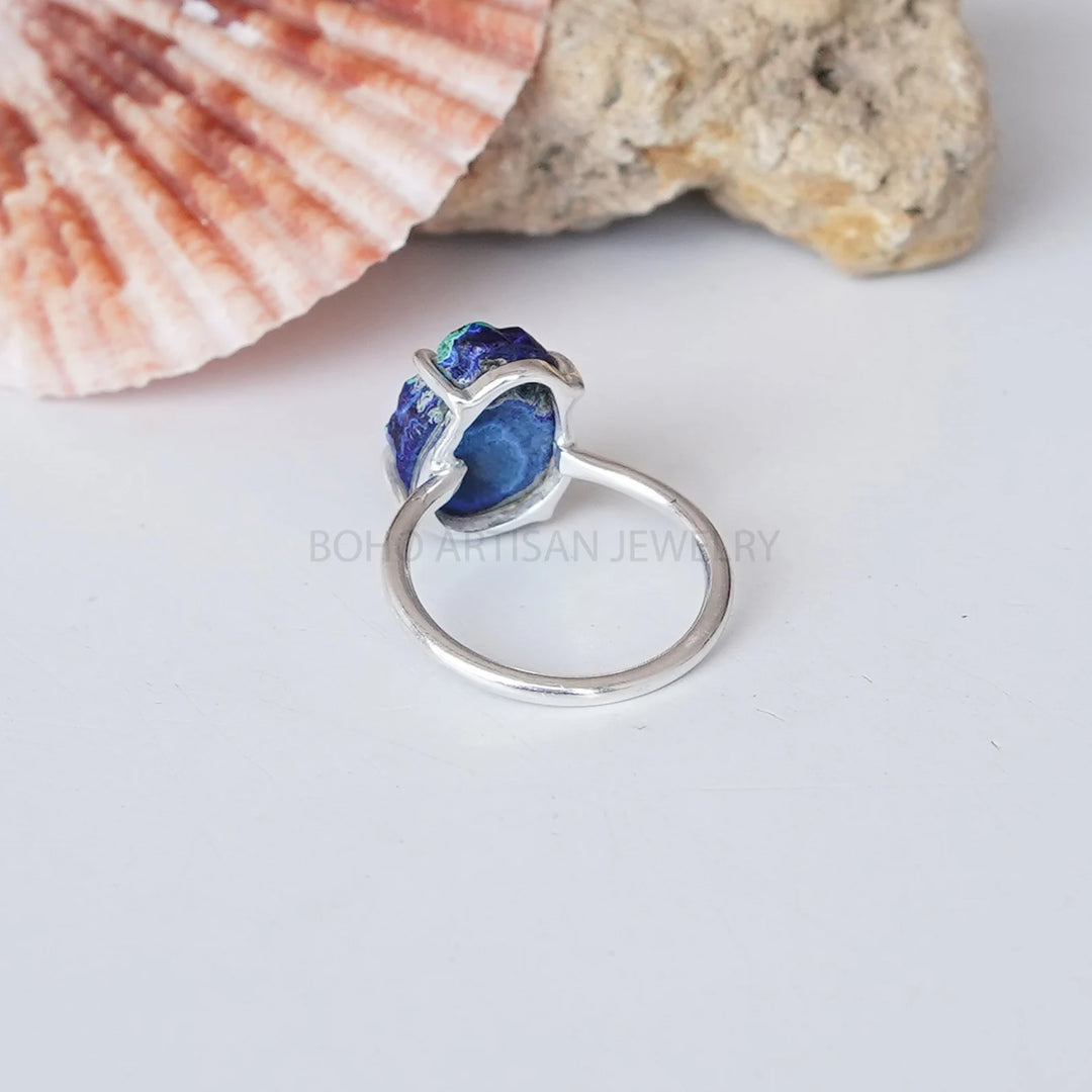Raw Azurite Malachite Ring: Sterling Silver Boho Ring