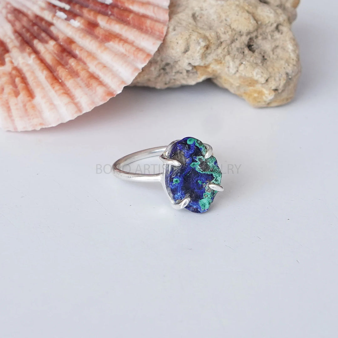 Raw Azurite Malachite Ring: Sterling Silver Boho Ring