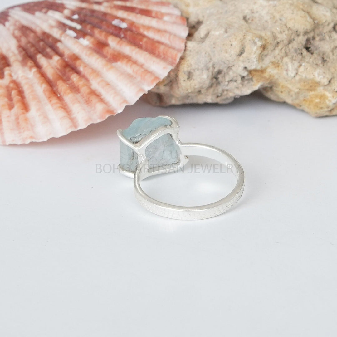 Raw Aquamarine Ring: Sterling Silver Textured Band, March Birthstone