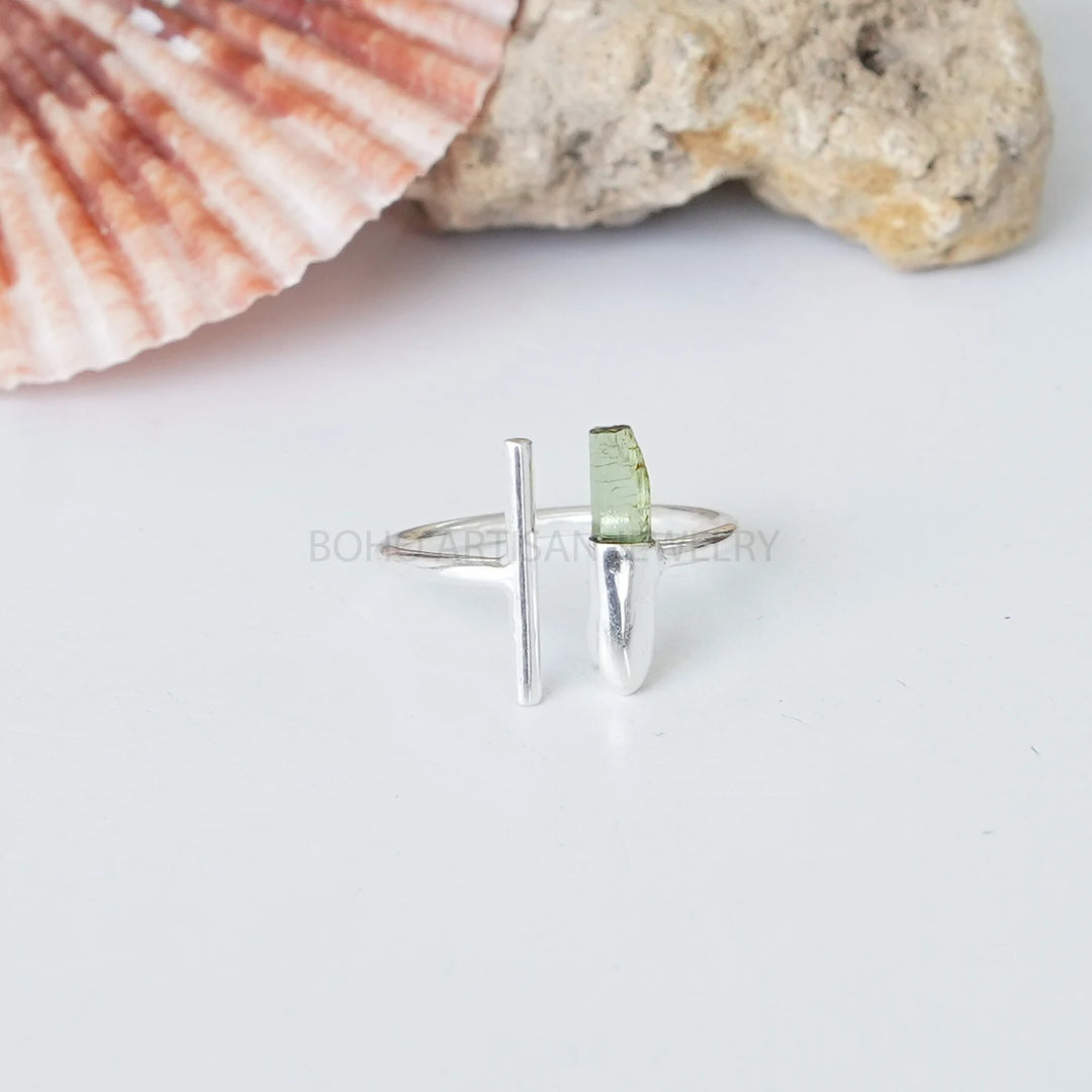Raw Green Tourmaline Ring: Sterling Silver Bar Ring, October Birthstone