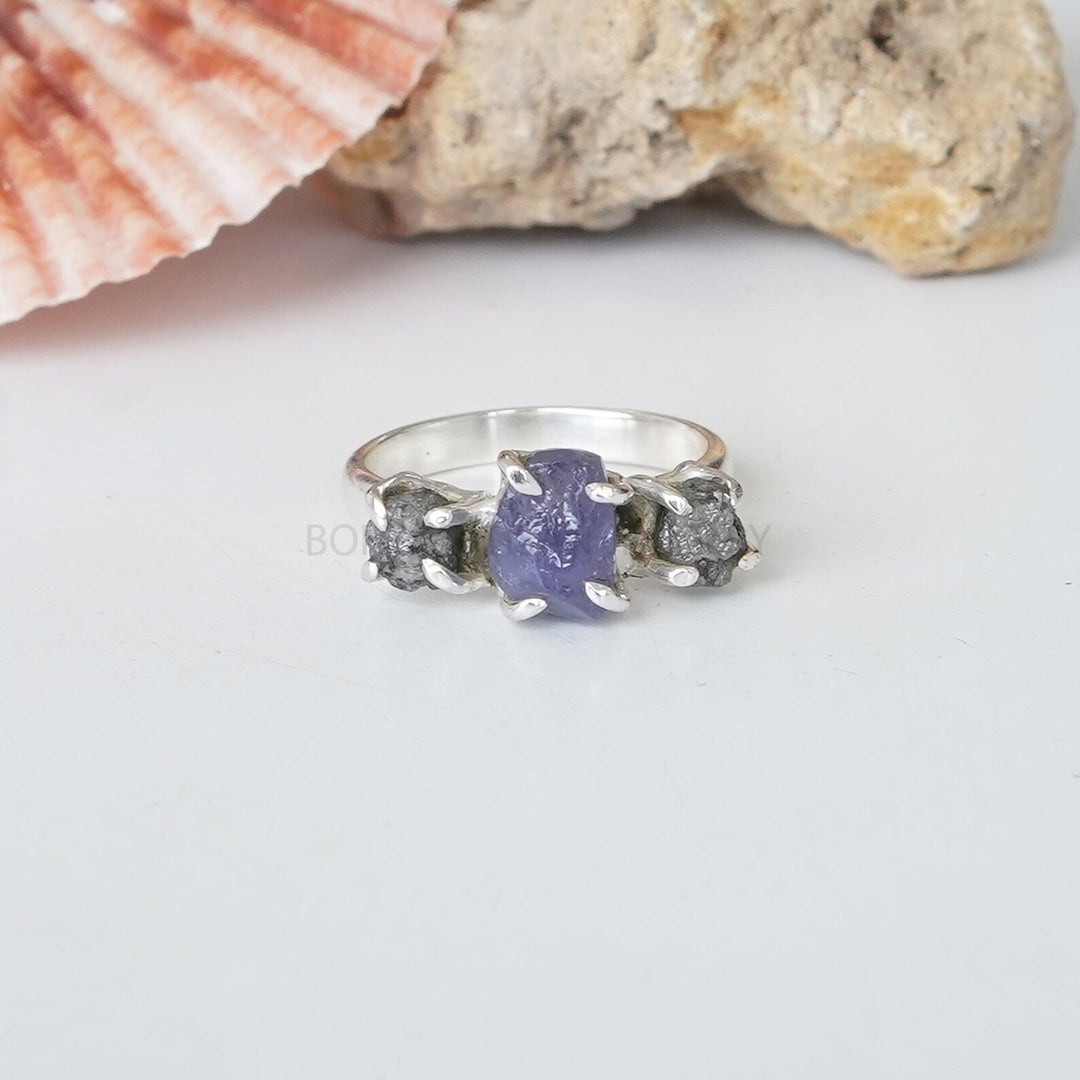 Raw Aquamarine Herkimer Diamond Ring: Sterling Silver Boho Jewelry