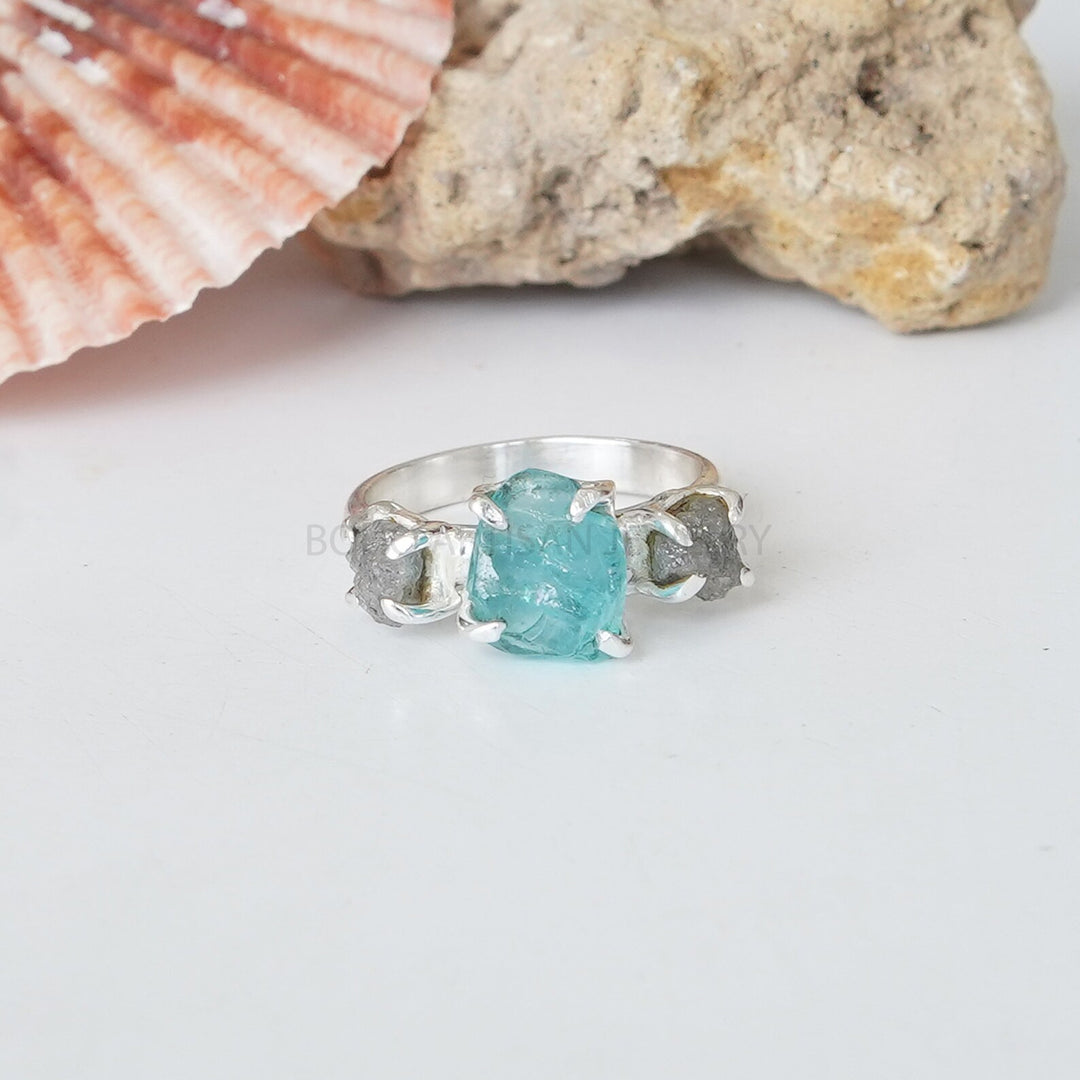 Raw Aquamarine Herkimer Diamond Ring: Sterling Silver Boho Jewelry