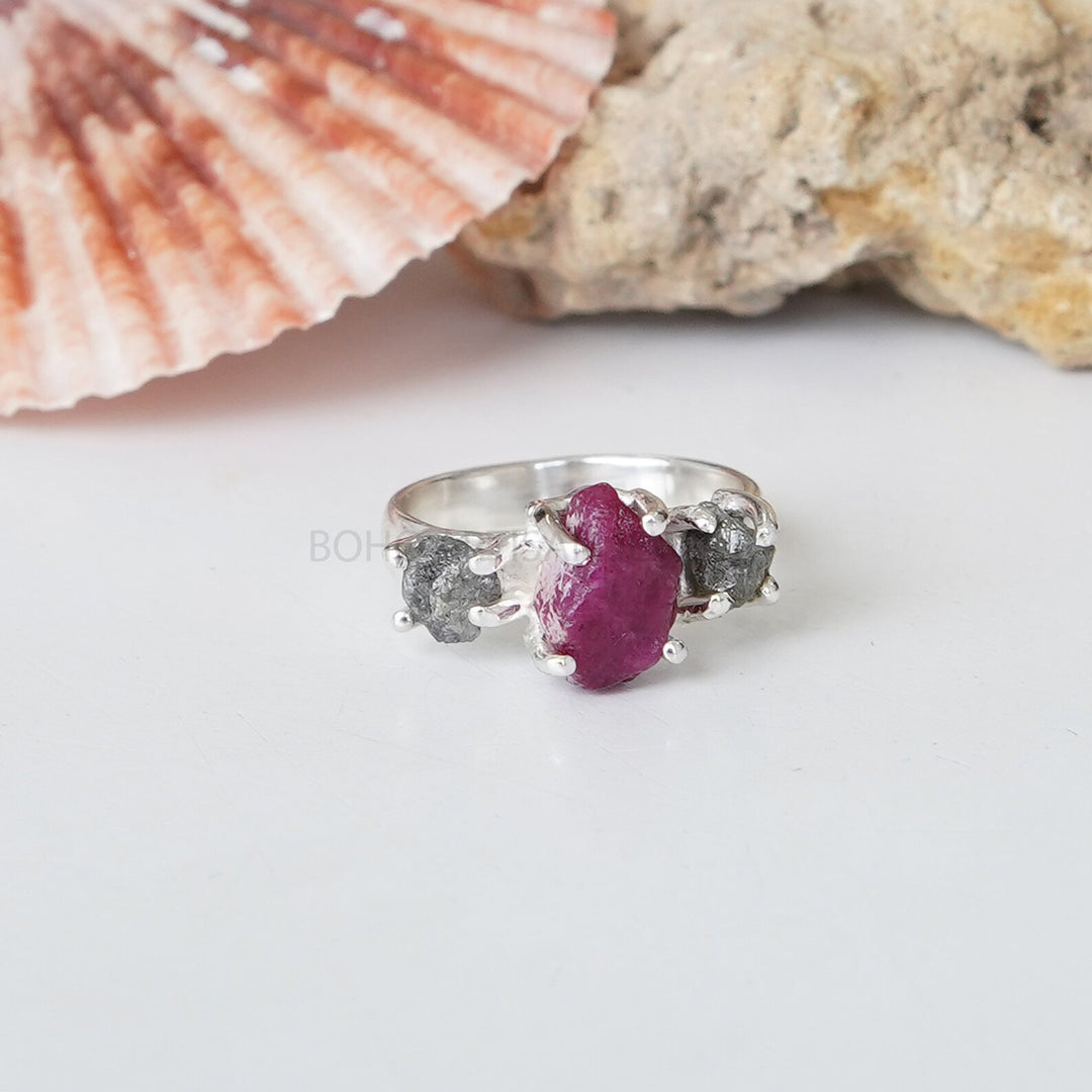 Raw Aquamarine Herkimer Diamond Ring: Sterling Silver Boho Jewelry