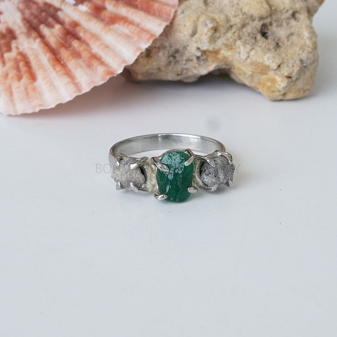 Raw Aquamarine Herkimer Diamond Ring: Sterling Silver Boho Jewelry