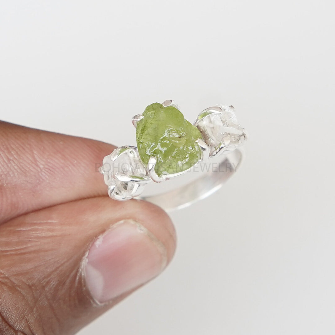 Raw Aquamarine Herkimer Diamond Ring: Sterling Silver Boho Jewelry