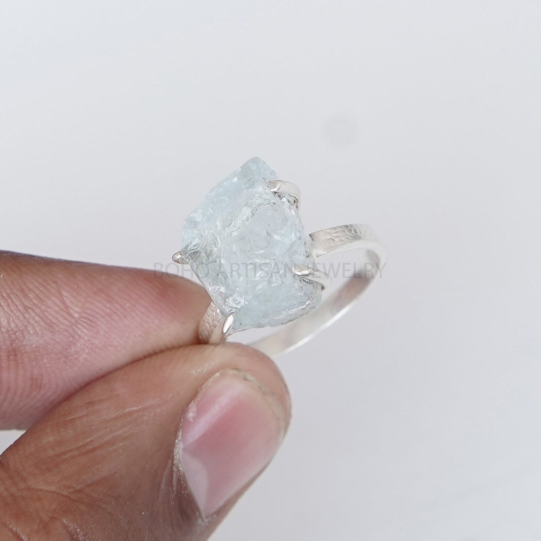 Raw Aquamarine Ring: Sterling Silver Textured Band, March Birthstone