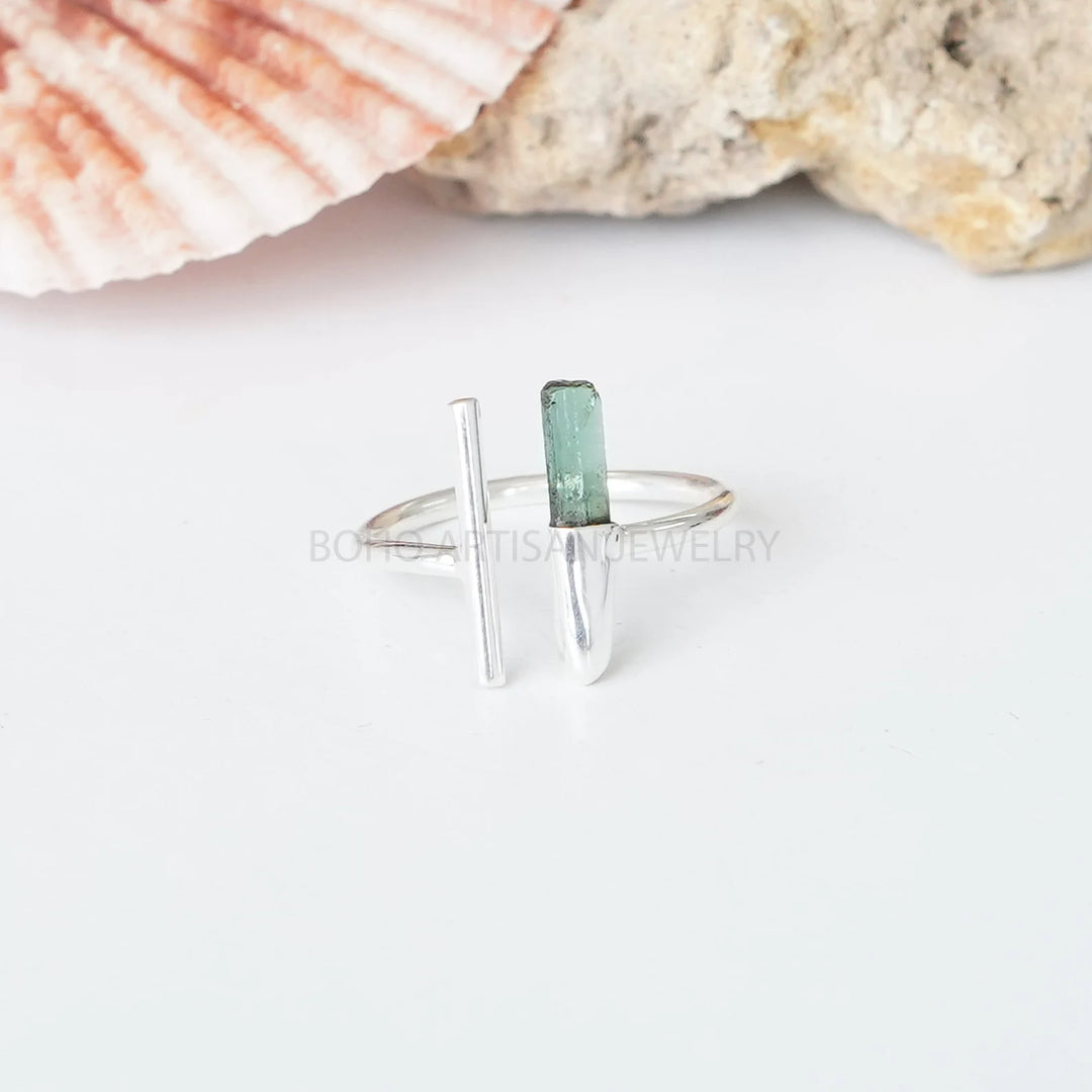 Raw Green Tourmaline Ring: Sterling Silver Bar Ring, October Birthstone