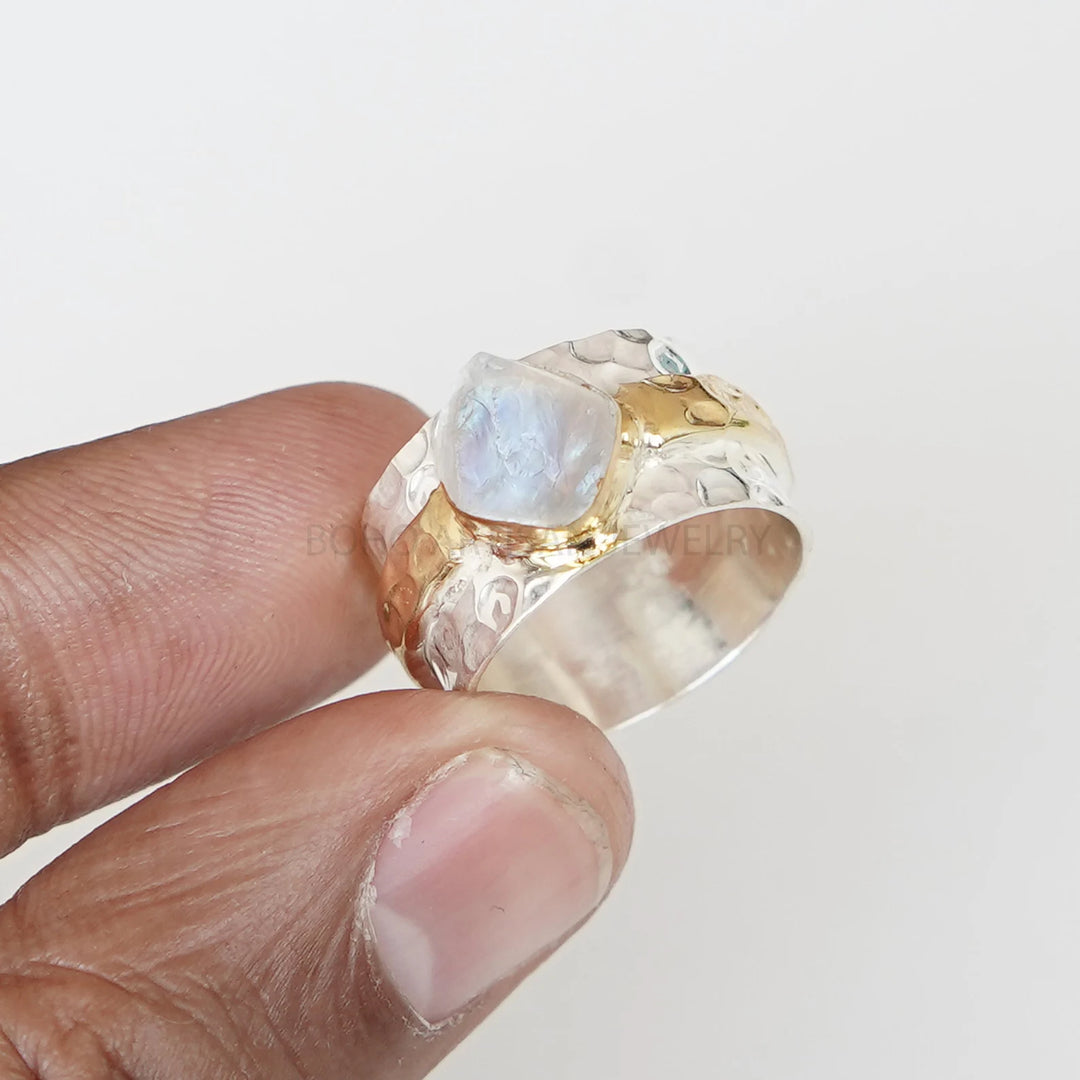Raw Moonstone Hammered Ring, Two Tone Sterling Silver Ring, Textured Band Ring, Thumb Ring, Fire Moonstone, March Birthstone, Gift for Her