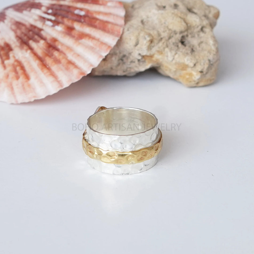 Raw Moonstone Hammered Ring, Two Tone Sterling Silver Ring, Textured Band Ring, Thumb Ring, Fire Moonstone, March Birthstone, Gift for Her
