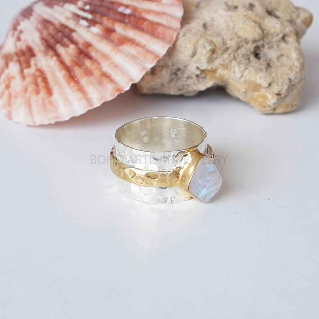 Raw Moonstone Hammered Ring, Two Tone Sterling Silver Ring, Textured Band Ring, Thumb Ring, Fire Moonstone, March Birthstone, Gift for Her