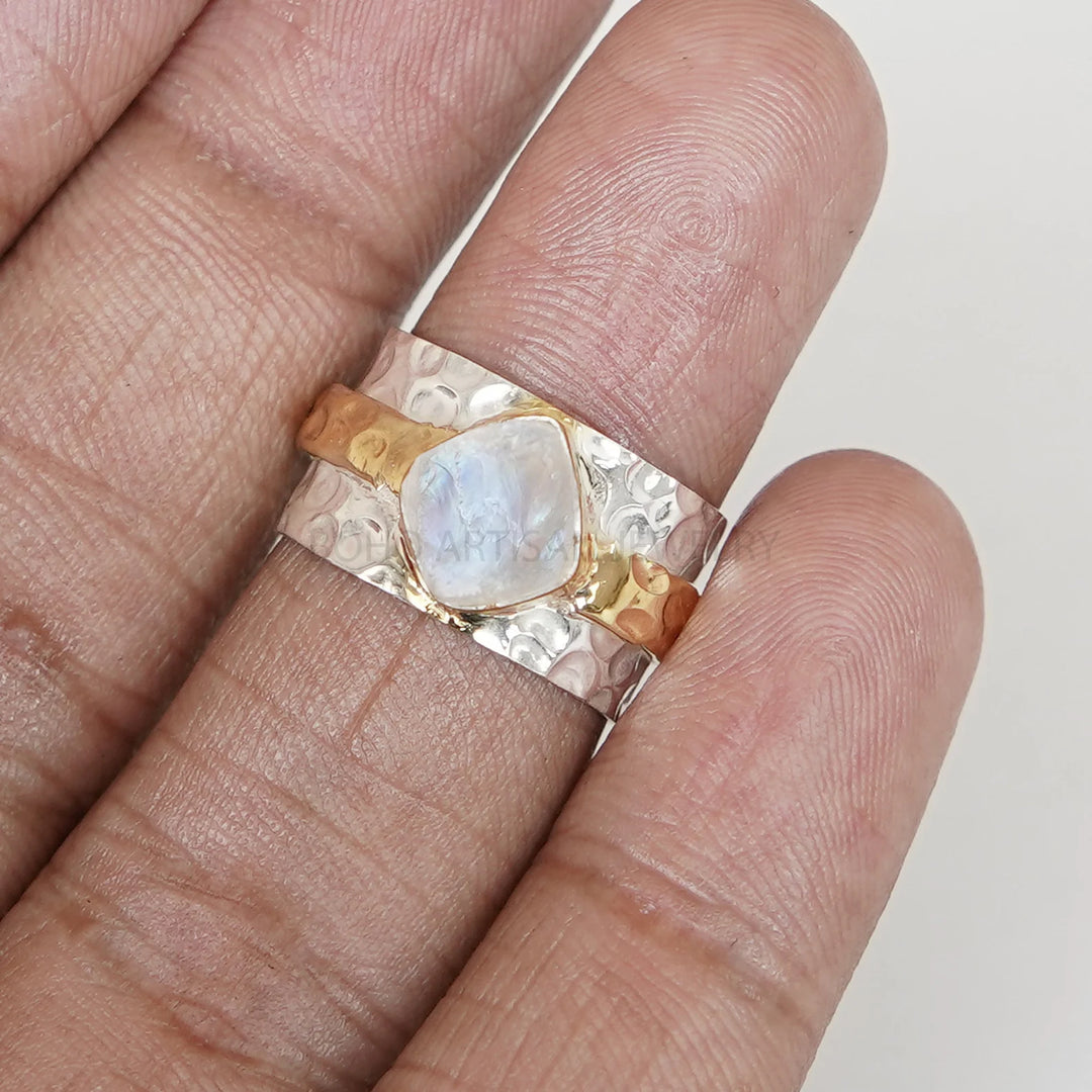Raw Moonstone Hammered Ring, Two Tone Sterling Silver Ring, Textured Band Ring, Thumb Ring, Fire Moonstone, March Birthstone, Gift for Her