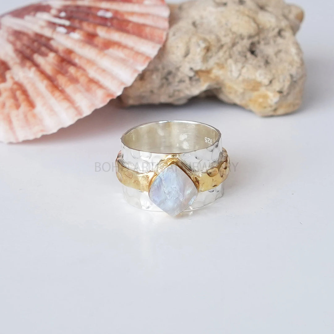 Raw Moonstone Hammered Ring, Two Tone Sterling Silver Ring, Textured Band Ring, Thumb Ring, Fire Moonstone, March Birthstone, Gift for Her