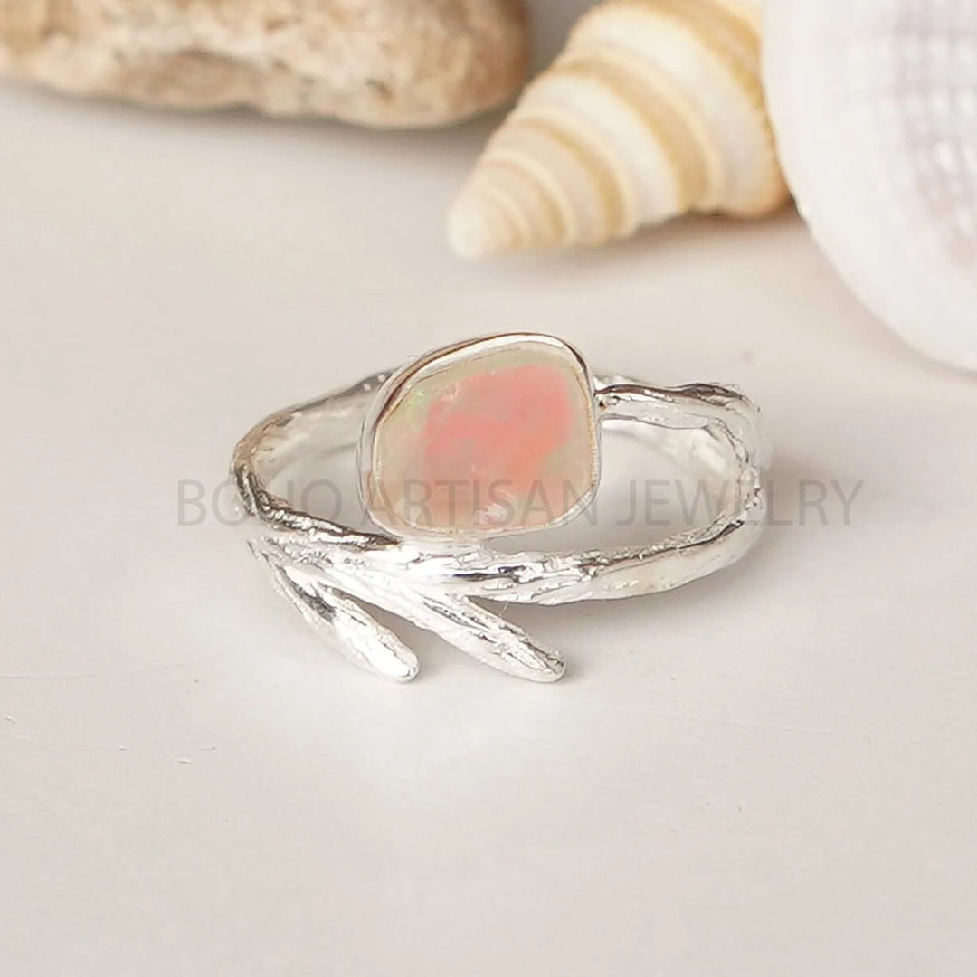 Raw Opal Sterling Silver Branch Ring: Boho Nature Jewelry